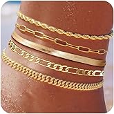 Plus Size Gold Ankle Bracelets for Women Big Ankles, Adjustable Ankle 14K Real Gold Plated Cuban Link Chain Figaro Snake Herringbone Extra Large Anklet Bracelets,Summer Beach Foot Jewelry 10-12inch