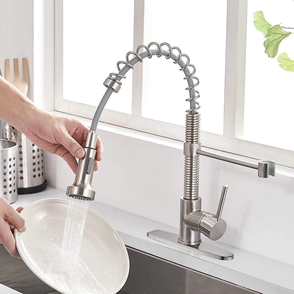 OWOFAN Pull Out Kitchen Faucet Low Lead Commercial Single Handle Pull Down Sprayer Spring Kitchen Sink Faucet, Brushed Nickel Kitchen Faucets with Deck Plate 866055SN - - 