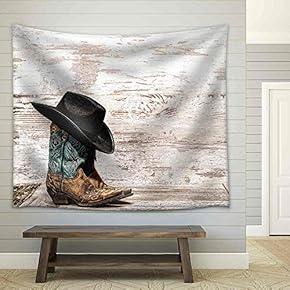 American West Rodeo Black Cowboy Hat ATOP Pair of Designer Fashion Leather Cowgirl Boots - Fabric Wall Tapestry Home Decor - 51x60 inches