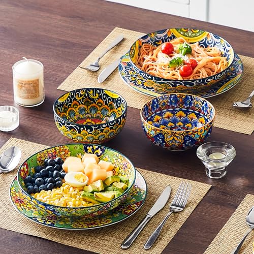 vancasso SIMI Pasta Bowls Set of 4, Porcelain Salad Bowls, 42 oz/1260 ml Large Corlorful Serving Bowls for Kitchen, Dishwasher & Microwave Safe Soup Bowls, Pasta Plates