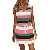 ETCYY Womens Summer Casual Dresses Sleeveless Beach Vacation Sundresses Drawstring Waist Short Striped Dress with Pockets