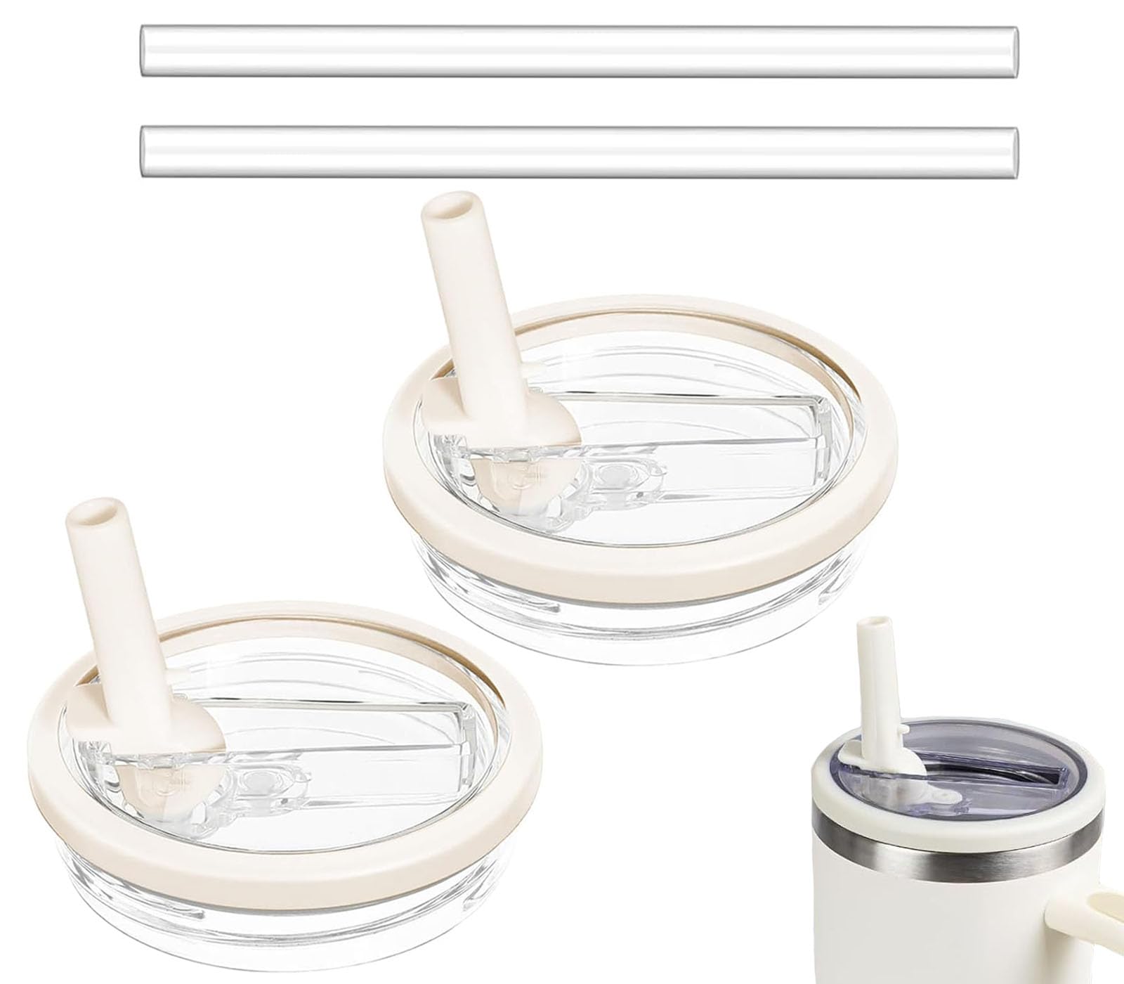 Photo 1 of 2 Pack 30 oz Tumbler Flip Straw Lid Replacement Compatible for Stanley Quencher, Leak Proof Lid Replacement for 30 OZ Stanley H2.0 FlowState Tumbler,Spill Proof Splash Reusable (Transparent Cream)