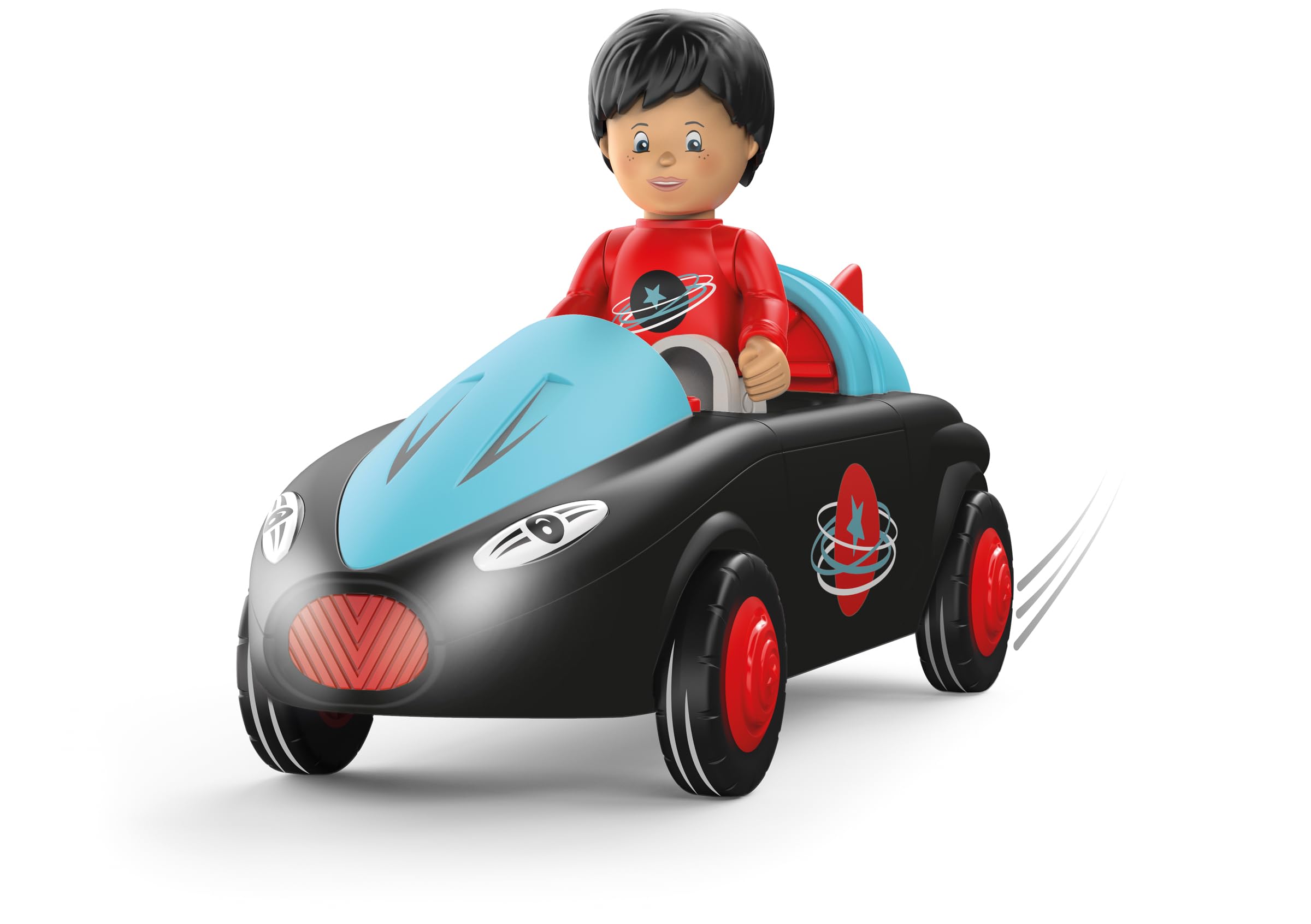 Toddys by siku 0115, Sam Speedy, 3-piece vehicle with light and sound, Interconnectable, Includes movable toy figure, High-quality friction motor, Black/Turquoise, 12+ months