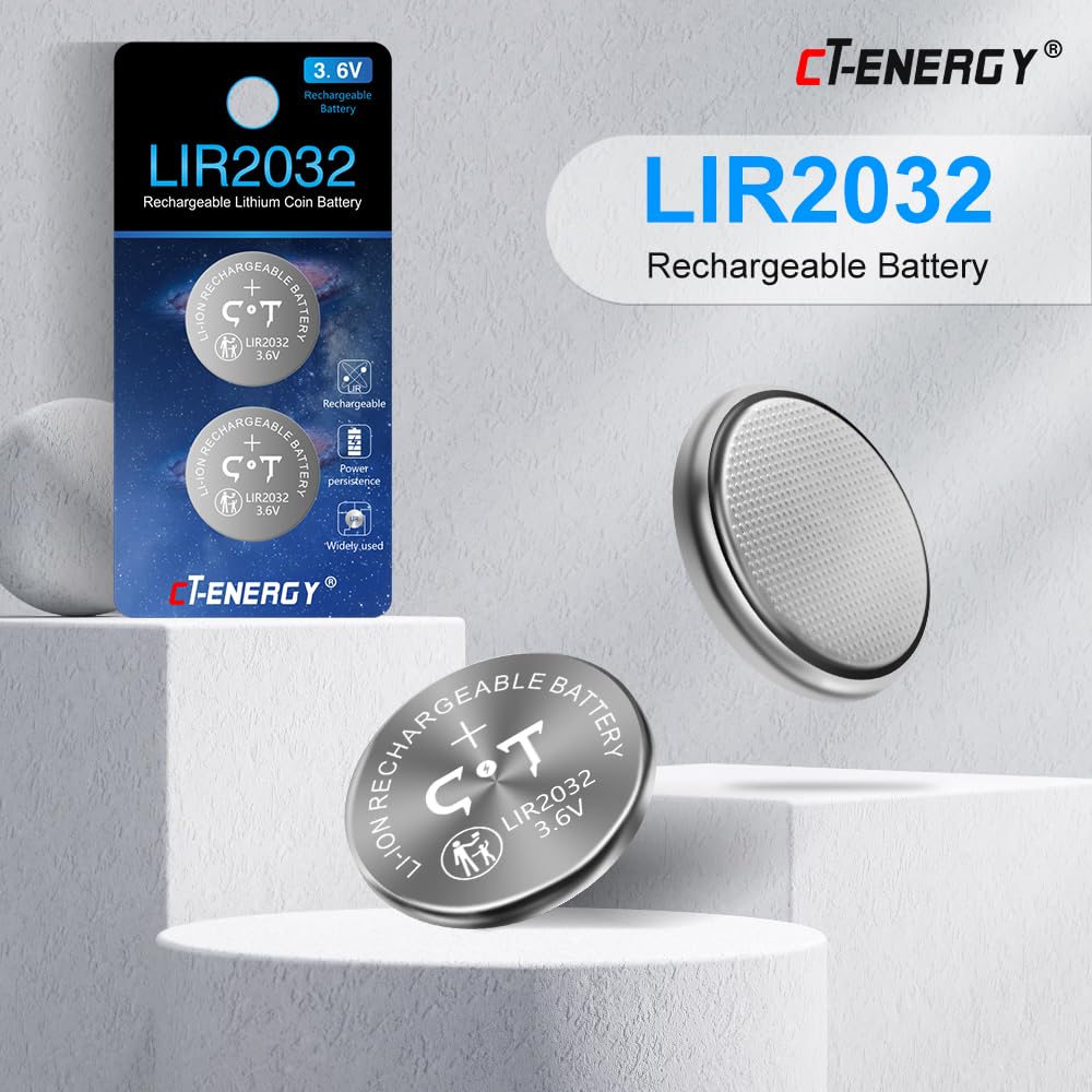 Rechargeable LIR2032 Batteries 3.6V Lithium Ion Button Coin Cell Batteries 2PCS AirTag Key Fobs Watch Battery Replacing