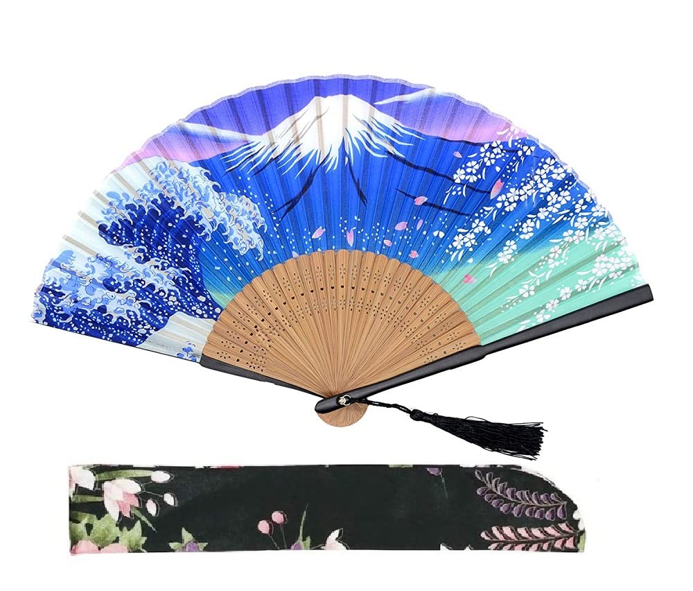 1SourceTek Kanagawa Sea Waves Landscape 8.27"(21cm) Folding Hand Held Fan - with a Fabric Sleeve Protection For Gifts - Japanese Vintage Retro Style (Night)