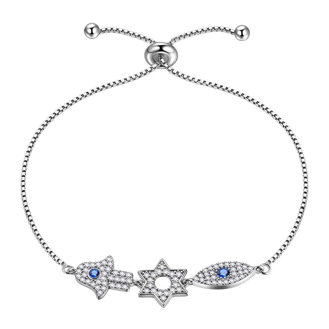 Aurora Tears Hamsa Fatima Hand Bracelets 925 Sterling Sliver Blue Evil Eye Charm Stars of David Bracelet Six Point Jewelry for Women DB0110W
