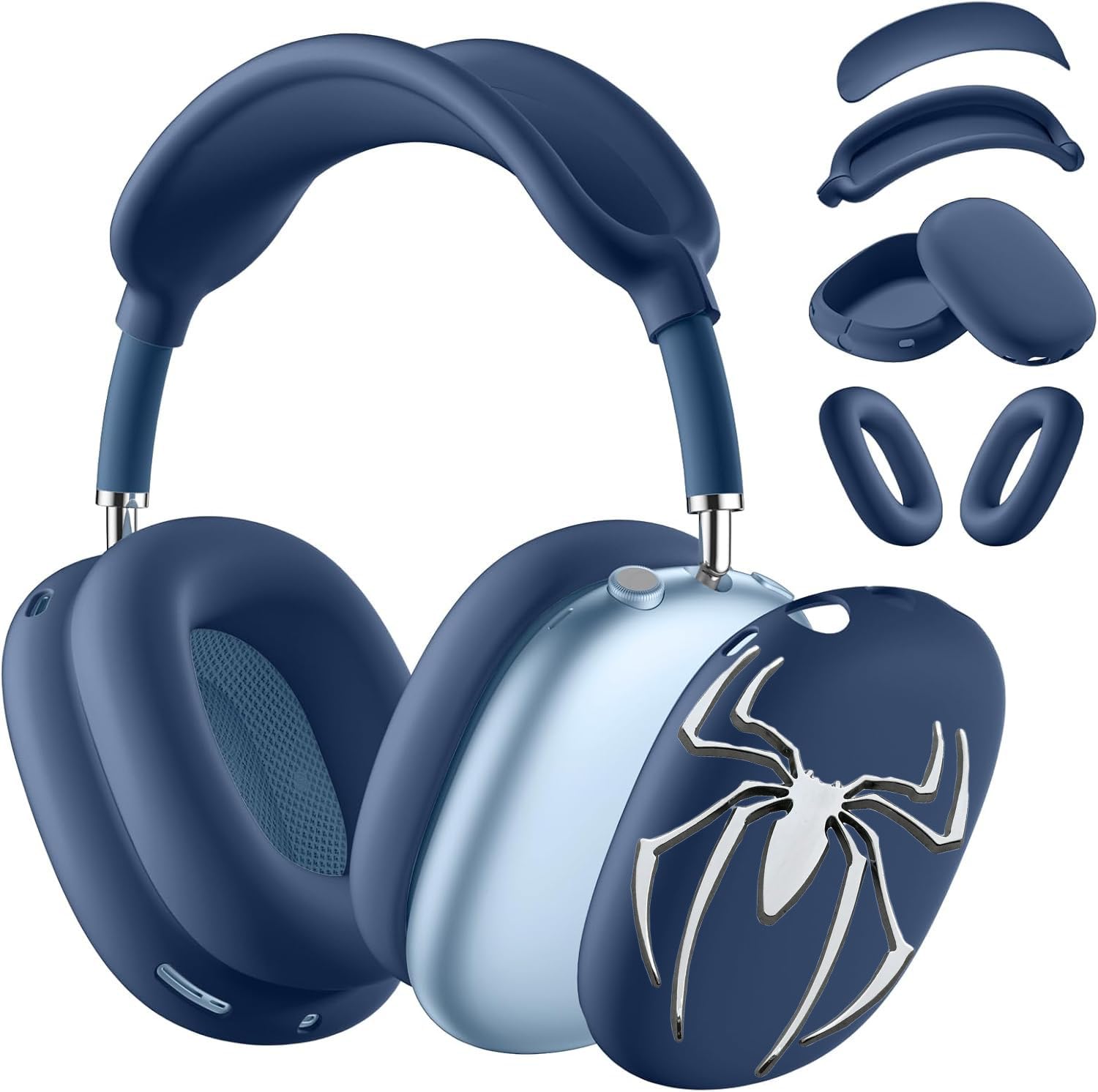 Photo 1 of [4 in 1] Case Cover for AirPods Max Headphones (2024/2020) Ear Pad Case Cover/Headband Cover/Ear Cups Cover with 3D Spider Chrome Emblems Badges for Apple AirPods Max Headphones (Deep Blue)