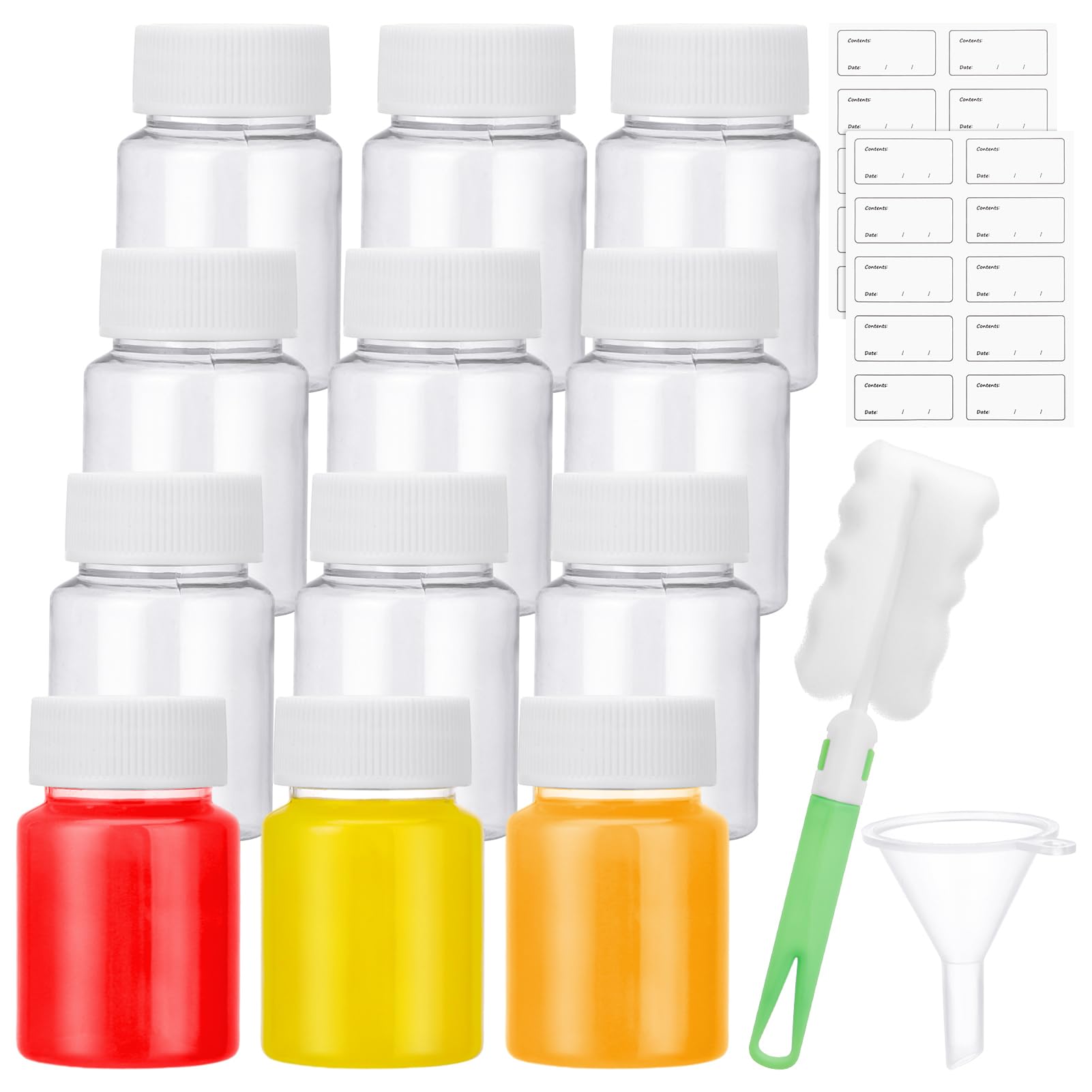Partideal 12 Pcs 2oz/60ml Plastic Juice Bottles,Reusable Small Clear Jar with Lids Label Funnel Brush,Portable Mini Bottles with Wide Mouth,Leakproof Drink Bottles for Juice Ginger Wellness Shot