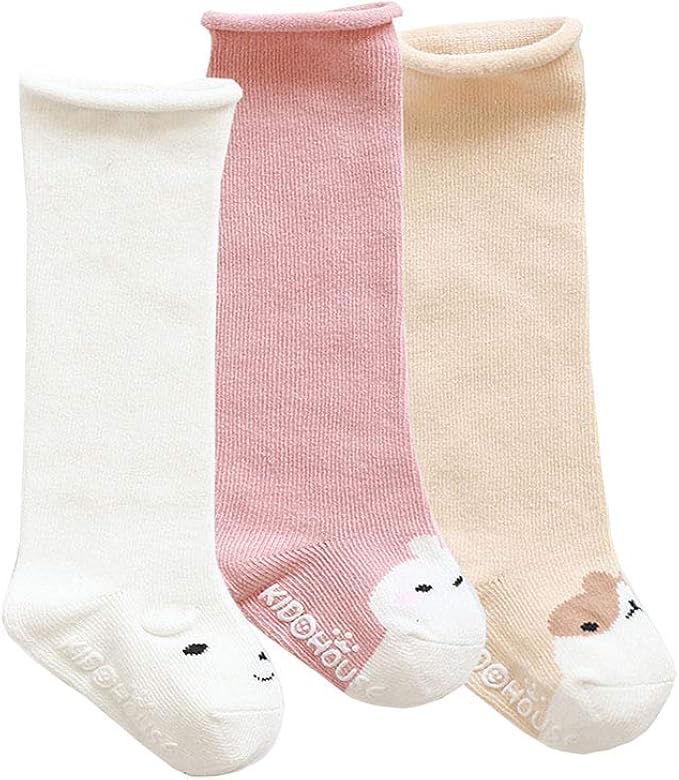 YONKINY 3 Paia Calzini Neonato Carino Antiscivolo Calze al Ginocchio Calzini in Cotone Lunghi