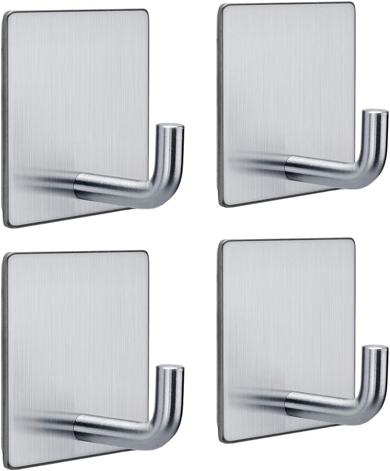 Adhesive Hooks Coat Hooks Heavy Duty Wall Hooks for Hanging Bathroom Kitchen Home Stick on Wall Silver-4 Packs