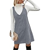 Koinshha Women V Neck Corduroy Overall Dress Casual Loose Short Pinafore Dresses Cute Mini Jumper Dress