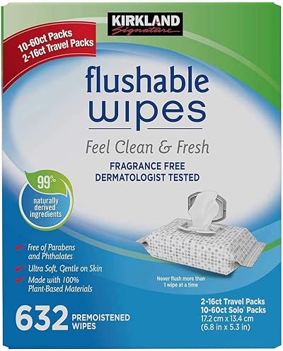 Kirkland Signature Moist Flushable Wipes 632 Count Plant-Based Aloe Vitamin E