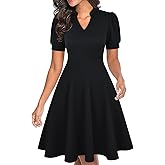 Mokayee Black Dresses for Women Funeral Summer Short Sleeve Semi-Formal Knee Length Sunday Church Fit and Flare Flattering Business Casual Office Work Ladies Dress with Pockets L