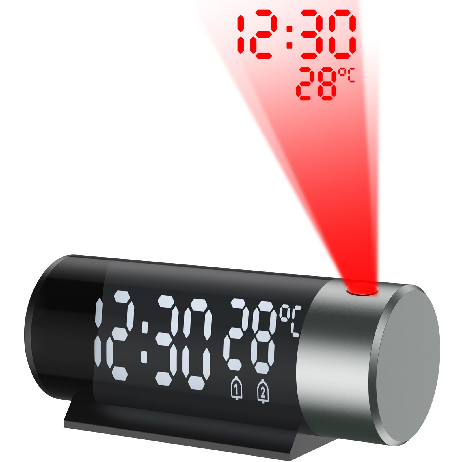 Digital Projection Alarm Clock with 180° Rotatable Projector, Dual Alarm, 12/24H, Snooze, 4-Level Dimmer for Bedrooms