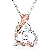 fonkup Rose Heart Initial Necklaces for Girlfriend Trendy Letter Love Pendant Silver Necklace Wife Birthday Jewelry Gifts