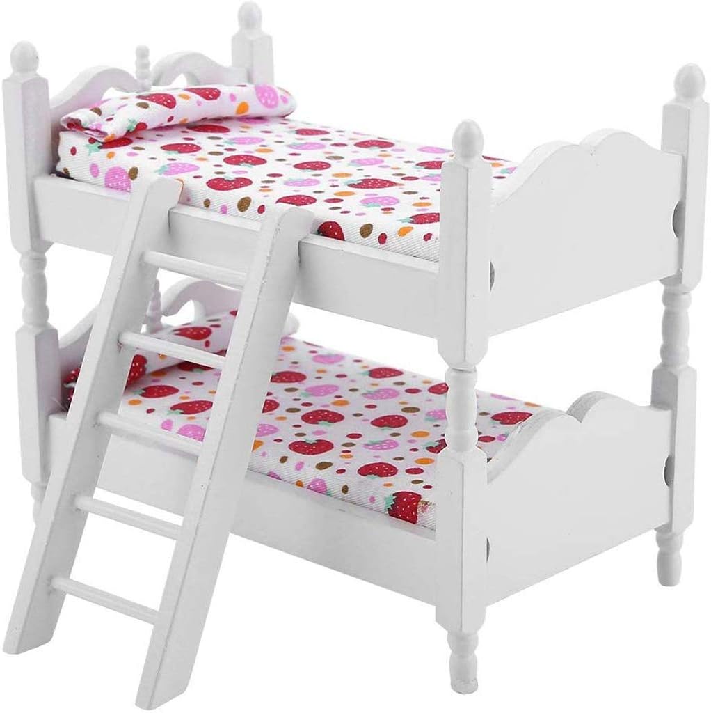 YYHOUSTOY 1:12 Children Bedroom Model Toys, Wooden Bunk Bed for Dolls with Mattresses And Pillows Mini Dollhouse Accessories for Boys Girls Gift