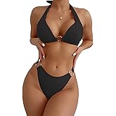 SweatyRocks Women's Ring Linked Halter Push Up Bikini Swimsuit High Stretch Bathing Suit Swimwear Set Swimming Suit Two Piece