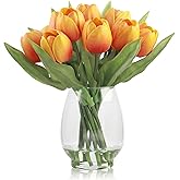 WELL KNOWN 12 Pcs Tulips Artificial Flowers in Vase, Real Touch Tulips with Vase with Upgrate Acrylic Water Flower Arrangements Centerpiece for Dining Room Table Decoration(Orange)
