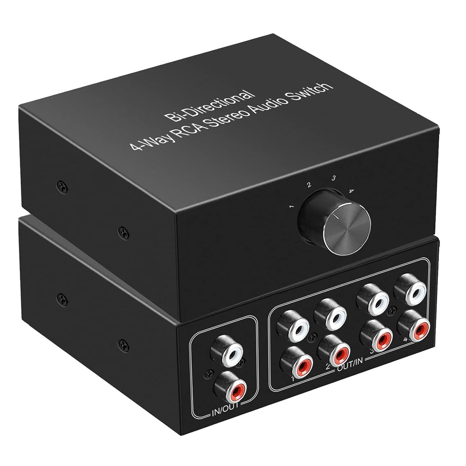 UNSTINCER RCA L/R Audio Switch 4(1)-in-1(4)-out, Bidirectional Noiseless hifi Stereo Audio Splitter Box, Analogue Aux Line Selector for Headphone Game Console Soundbar TV Speaker Turntalbe, Metal