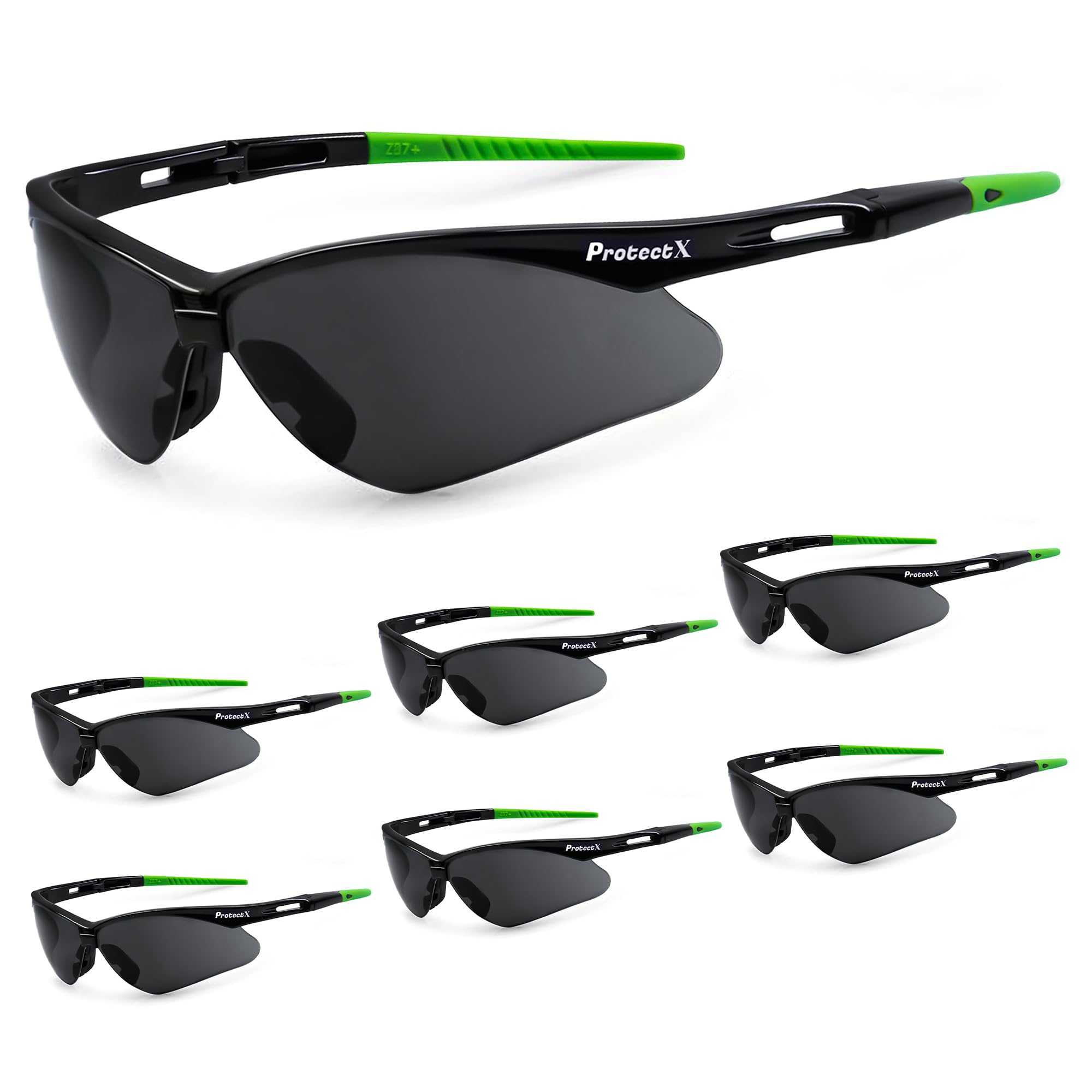 ProtectX Safety Glasses Scratch Resistant Anti Fog Polycarbonate Lenses ANSI Z87.1 Rated with UV Protection Superlight Evergreen Tinted Smoke 6 PK Image