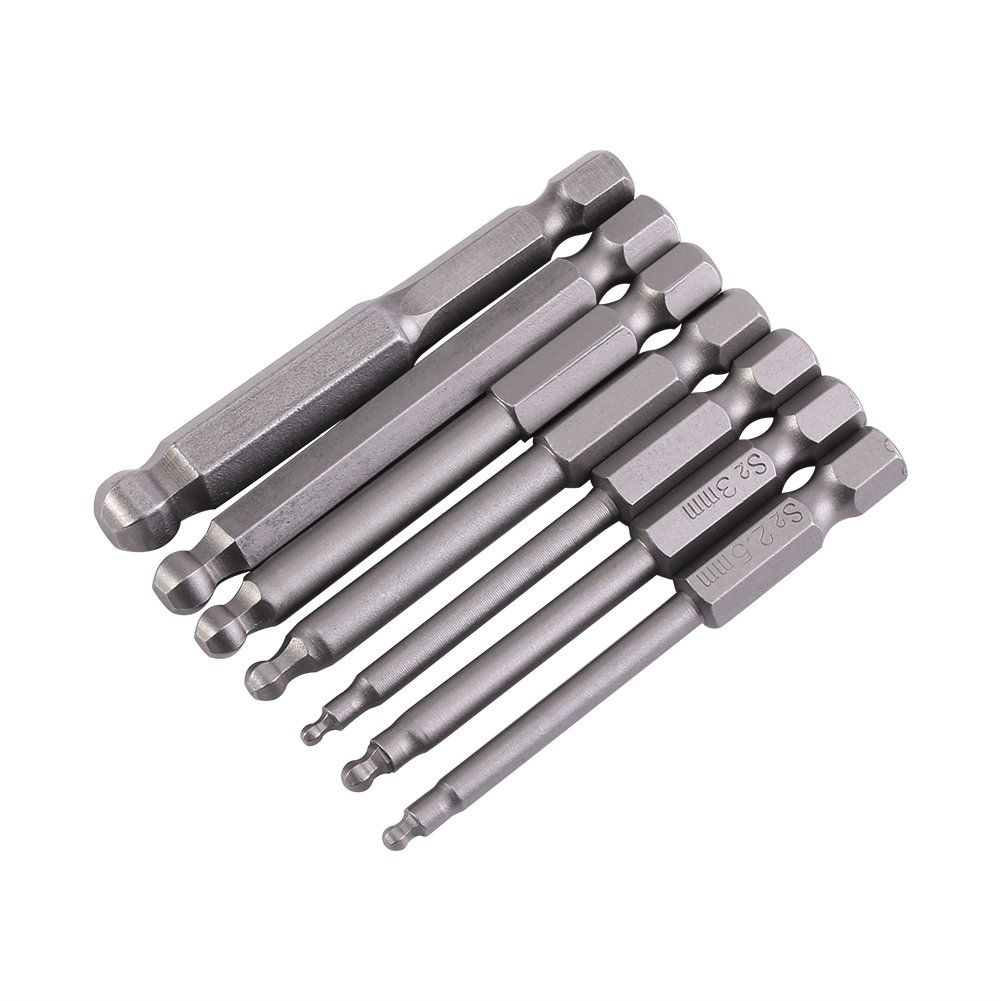 Screwdriver Bits Ball, Akozon Magnetic Ball Screwdriver Bits Hex Shank 7 Pieces 1/4 inch Hex Shank 65mm Screwdriver Ball End Head Hexagon Hex Set