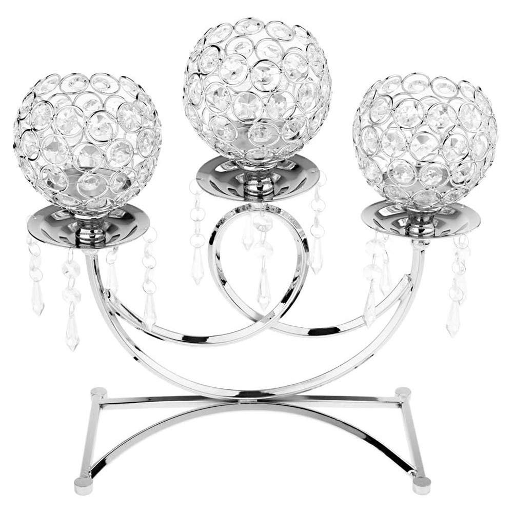 POFET Crystal Metal Votive Candle Holder 3-arms Candle Stand 36cm Tall Wedding Event Candelabra Candle Stick Decor Crafts - Silver