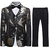 SWOTGdoby Boys Suits 3 Piece Gold Paisley Floral Suit Set Slim Fit Tuxedo Embroidery Suit Blazer Vest Pants