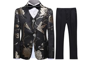 SWOTGdoby Boys Suits 3 Piece Gold Paisley Floral Suit Set Slim Fit Tuxedo Embroidery Suit Blazer Vest Pants