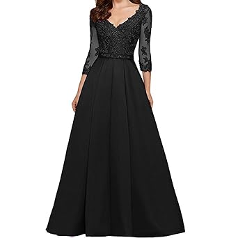 LuckyShe Damen A-Linie Spitze Abendkleider Ballkleid Hochzeitsgäste mit Ärmeln Lang