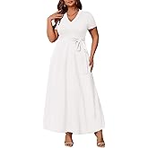 Runwind Women’s Plus Size Maxi Dress Short Sleeve Casusl Summer Long Dress Solid V-Neck Dresses