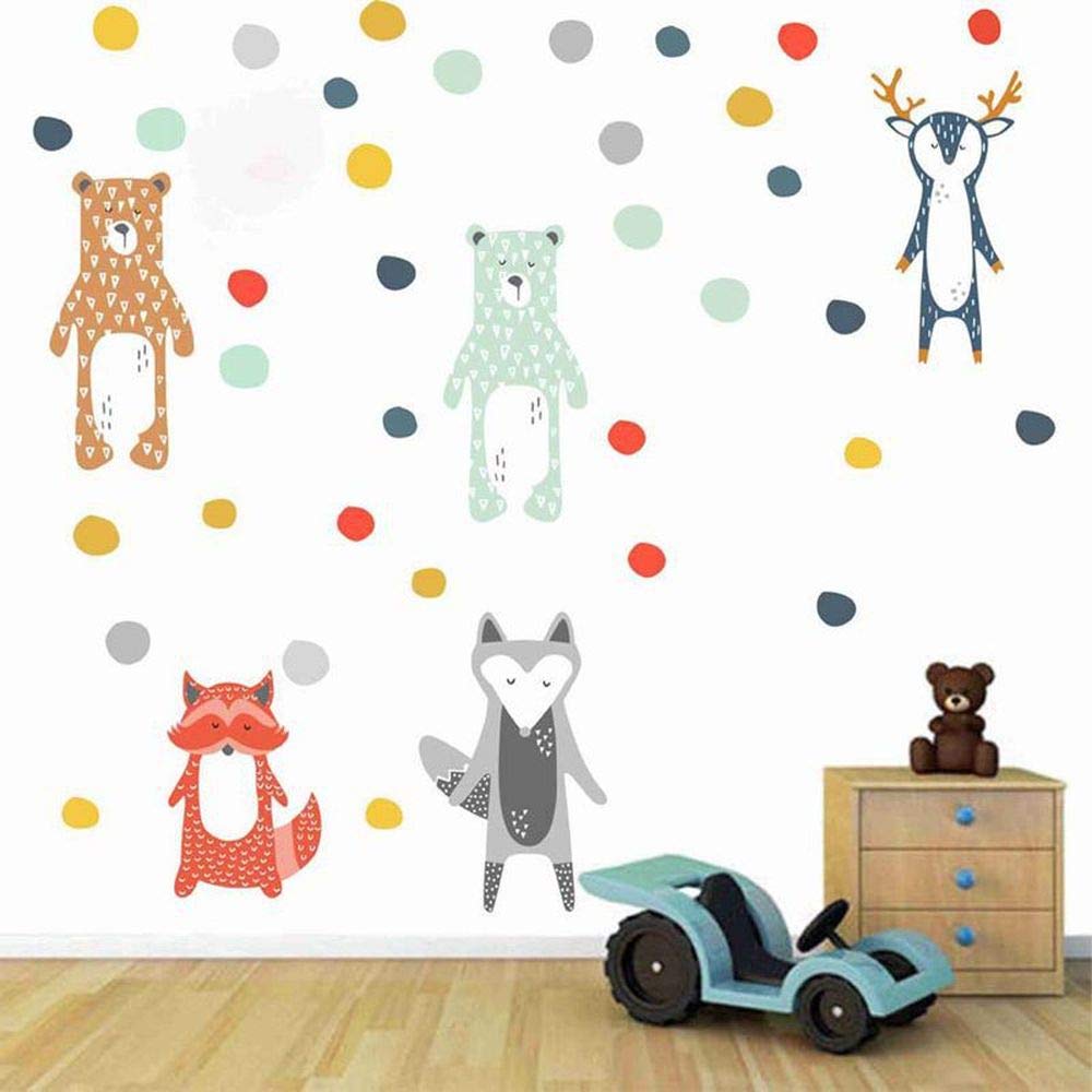 BUCKOO Cartoon Animal Bear & Fox，Deer Wall Decal Wall Sticker，Dot Wall Sticker，Nordic Style Nursery Art Baby Wall Decoration Gift