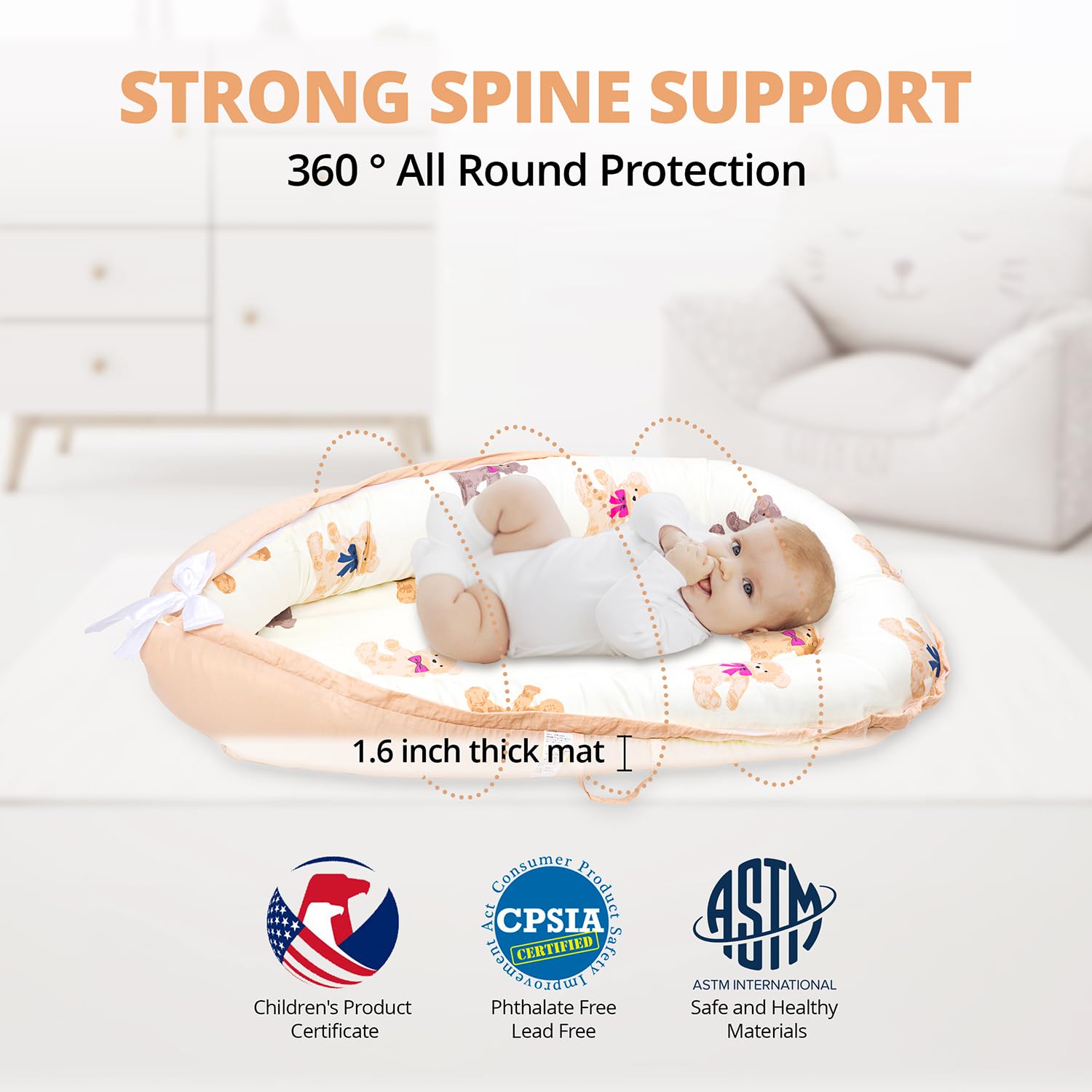 Baby Lounger for Newborn 0–24 Months, Baby Pillow & Baby Nest Lounger, Organic Cotton Breathable Infant Pillow, Portable Baby Nest for Home & Travel