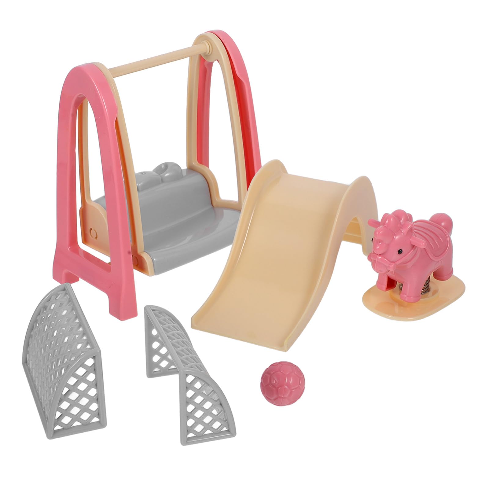 UPKOCH Doll House Accessories Miniature Swing Slide Set with Rocking Horse Football Goal and Ball 4-Piece Toy Ornament for Dollhouse Scene Layout and Pretend Play