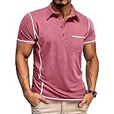 Men's Polo Shirts Short Sleeve Casual Classic Button Tees Basic Golf Shirt Basic Top with Pocket