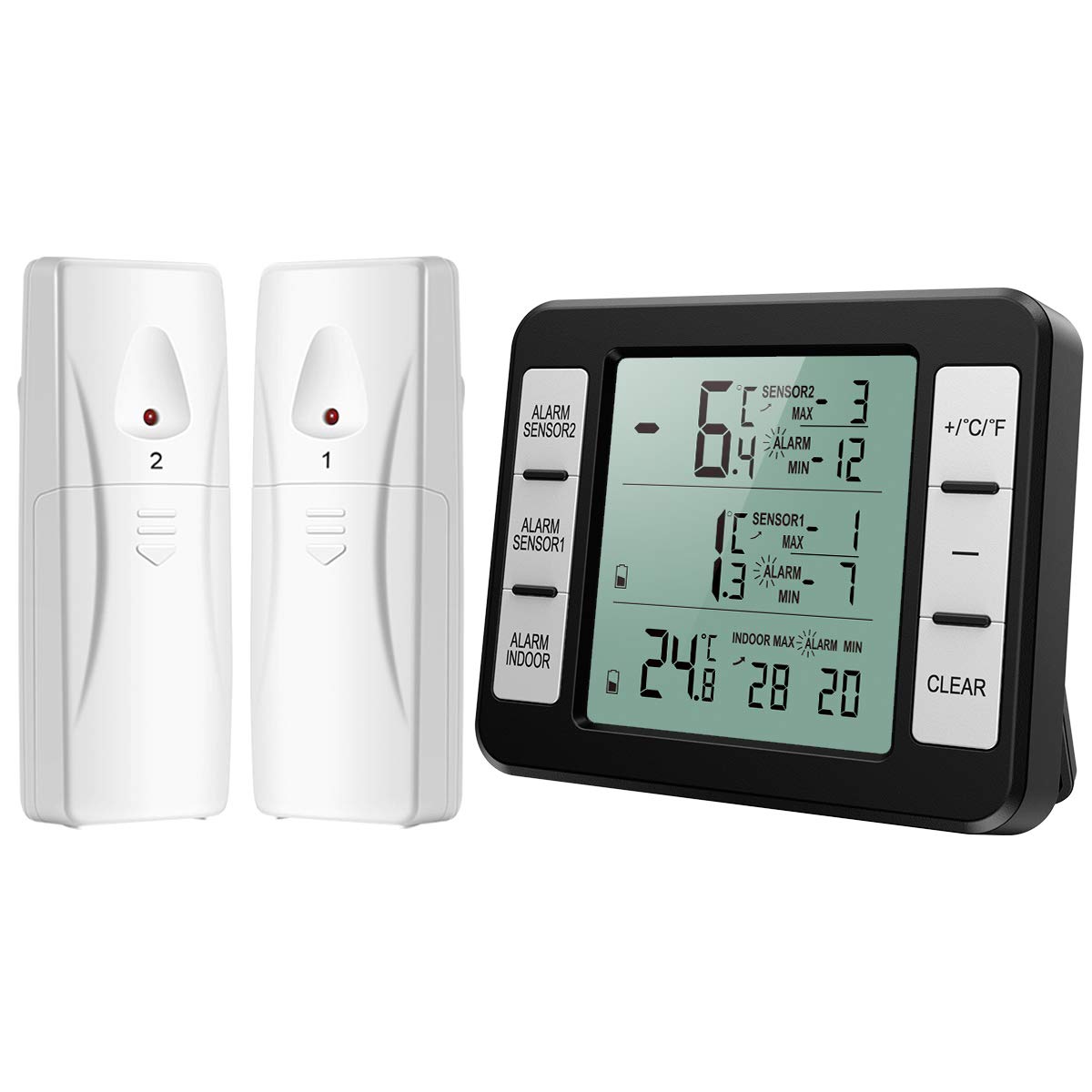 Brifit Refrigerator Thermometer, Digital Indoor Outdoor Fridge Thermometer, Freezer Temperature with 2 Wireless Sensor, Audible Alarm and Max/Min Function for Home, Bedroom, Office (Black)