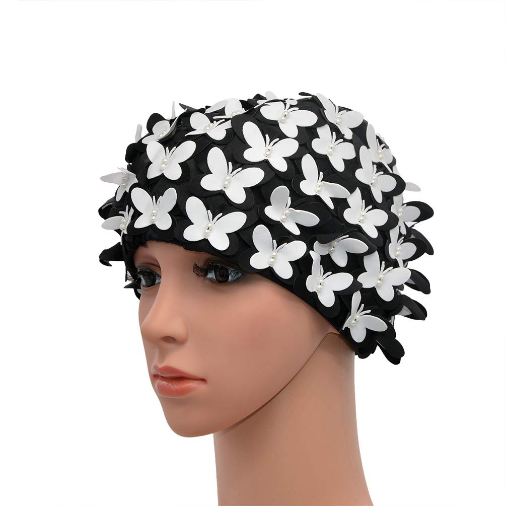 Medifier Vintage Swim cap Floral Petal Retro Style Bathing Caps for Women White