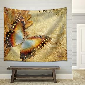 Vintage Autumn Card with Leaves and Butterfly - Fabric Wall Tapestry Home Decor - 51x60 inches