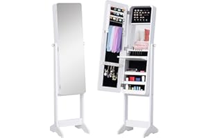 HOMCOM Freestanding Mirror Jewelry Cabinet Armoire, LED Lighted Jewelry Organizer with Stand, Angle Adjustable, White