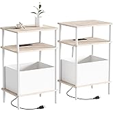 Newmics Small Side Table with Charging Station, Set of 2 End Table for Small Spaces, Slim Nightstand with Outlet,Sofa Beside Table, 3-Tier Storage Shelf,Living Room, Bed Room, Natrual Oak
