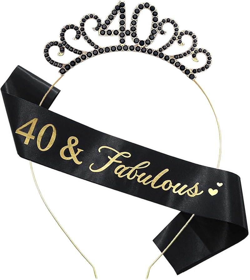 MIOSJI 40th Birthday Sash and Crystal Crown Tiara for Women Party Decorations