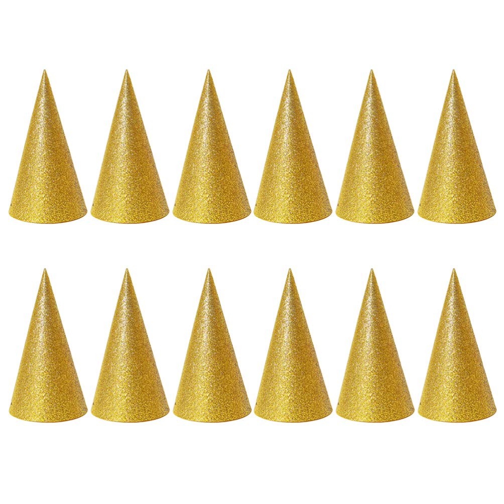 Toyvian 12PCS Birthday Paper Cone Hat Glitter Sparkling Triangle Cone Hat Photo Prop Decorative Crown Headband for Birthday Xmas New Year Party Golden, M