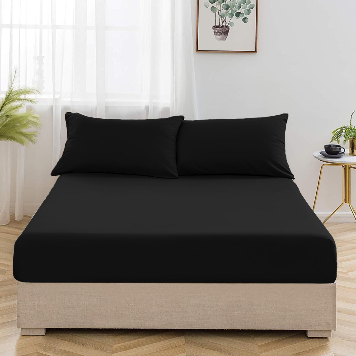 Oxford Homeware Black King Size Fitted Sheets -100% Brushed Microfibre 1800 Easy Care 25 cm Deep King Size Bed Sheet Bedding - Shrinkage and Fade Resistance — image 1