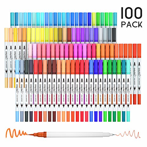 100 Colors Dual Tip Markers Pens, UnityStar Watercolor Dual Brush Pens Highlighters with 0.4 Fineliner Tip, Brush Tip(1-2mm) & Carrying Case for Adult Coloring, Calligraphy, Sketching, Journaling