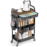 ALVOROG 3 Tier Metal Rolling Cart with Drawer,Wood Top,Pegboards,Black | Storage Utility Cart with Drawers,Pegboards,Lockable Wheels,Baskets,Hooks for Kitchen,Office,Bedroom,DIY Supplies