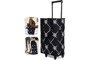 Dxiywa Foldable Rolling Bag, Portable Small Shopping Cart with Wheels, Collapsible Shopping Tote with Stylish Pattern for Market & Grocery Runs–Gift for Women & Seniors, Expandable L, Black