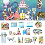 Nidezon SpongeBob Party Supplies Set-100 Pieces SpongeBob Birthday Decoration Shower Decorations Backdrop Banner Cake Topper Paper Hat Gift Bag Table Cloth- Serves 6 Guest
