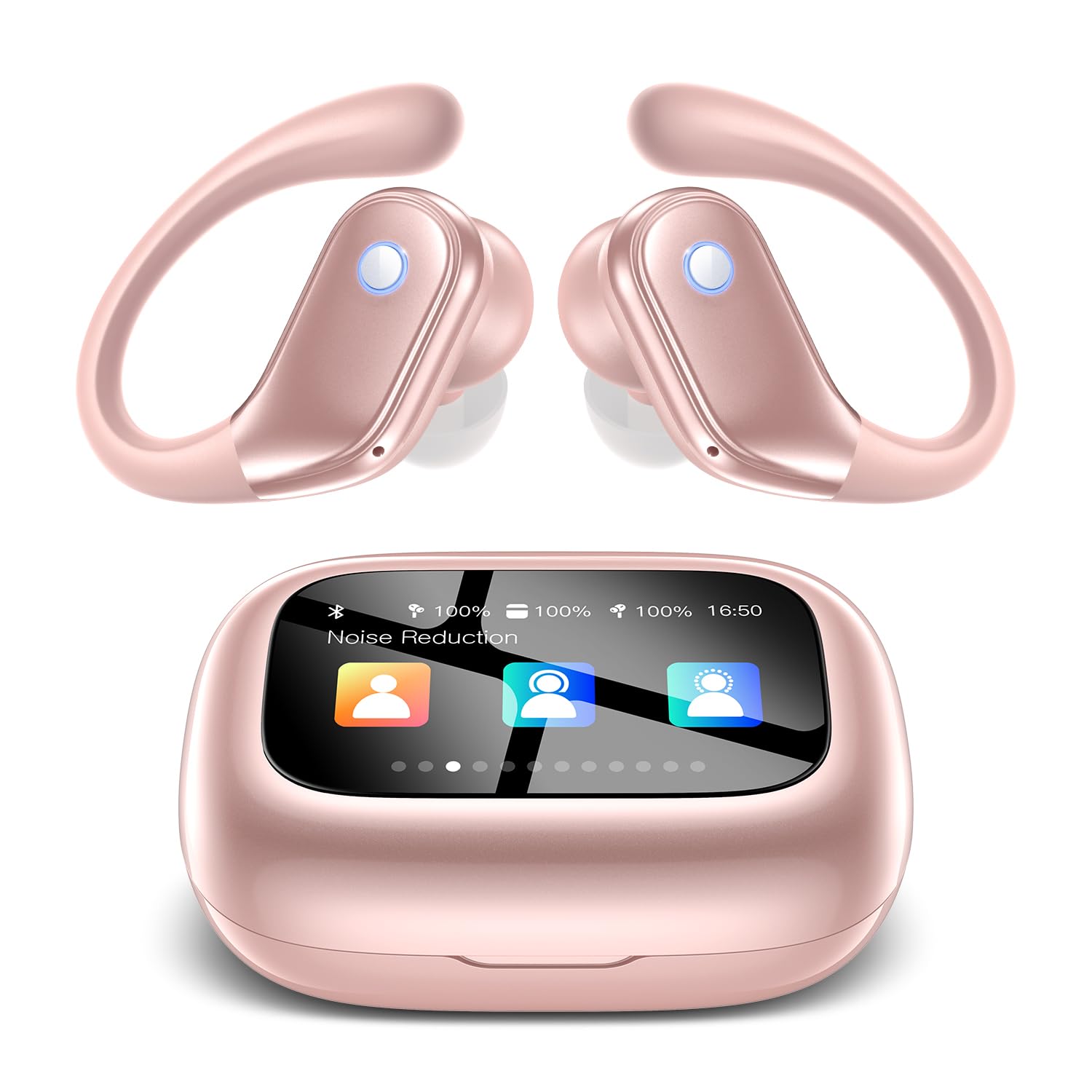 Photo 1 of jaddsa Wireless Earbuds, ENC Noise Cancelling Sport Ear Buds with Multifunctional Touch Screen, IPX7 Waterproof Bass Stereo Sound Earphone for Workout/Running, Rose Gold