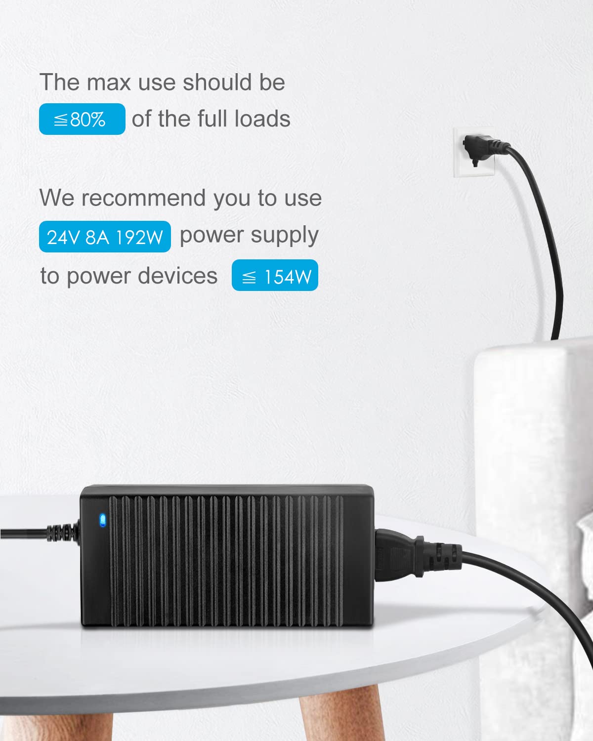 ALITOVE 24V 8A Power Supply Adapter 100~240V AC to DC 24 Volt 8Amp 192W Power Converter 7.5A 7A 6.5A 6A Low Voltage Transformer 5.5x2.5mm for LED Light CCTV Camera LCD Monitor