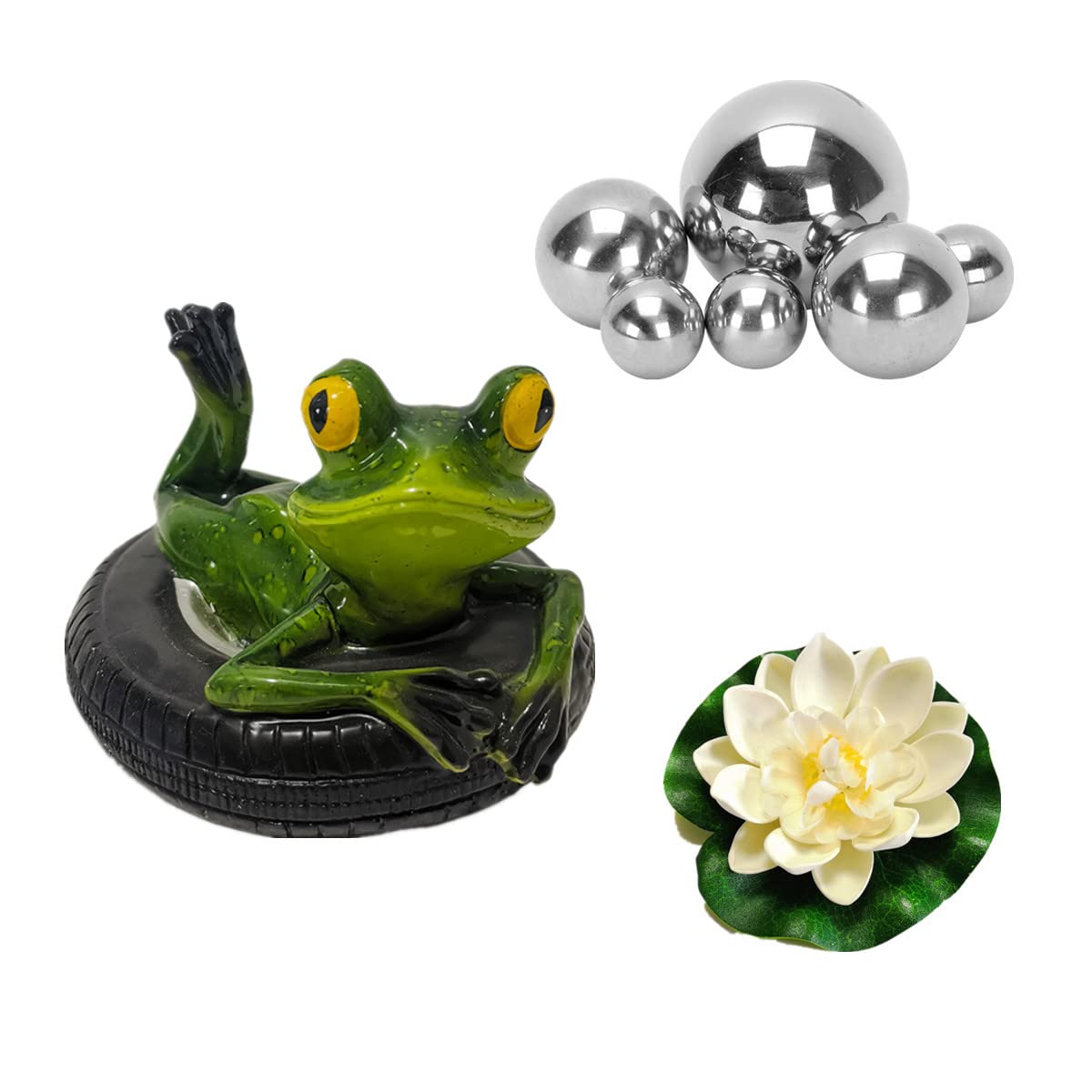 Super Idee Small Garden Pond Decoration Set Frog on Hoop Floating Animal with 6 Floating Balls and 2 Pieces Floating Lotus Flower as Garden Decoration for Mini Pond (Lying Frog)