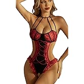 ADSEXY Sexy Lingerie Bodysuit For Women Lace Trim Body Suits Deep V Teddy Lingerie Sheer Bodysuit One Piece